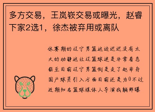 多方交易,王岚嵚交易或曝光,赵睿下家2选1,徐杰被弃用或离队 多方交易,王岚嵚交易或曝光,赵睿下家2选1,徐杰被弃用或离队
